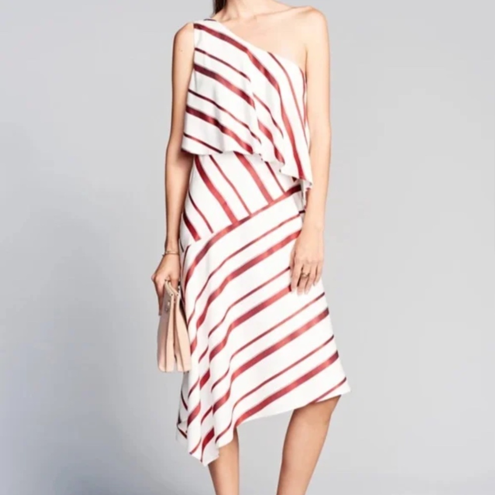 Banana Republic Red and White Striped One-Shoulder Asymmetrical Midi Dress